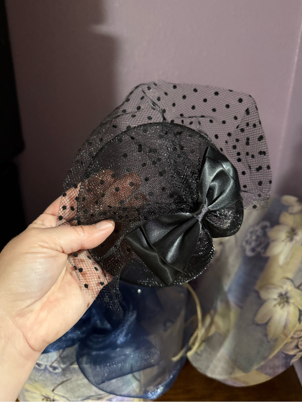 Vintage Fascinator Trio, Olive, Black Polka Dot Veil, Navy Netting, W/ Hat Box
